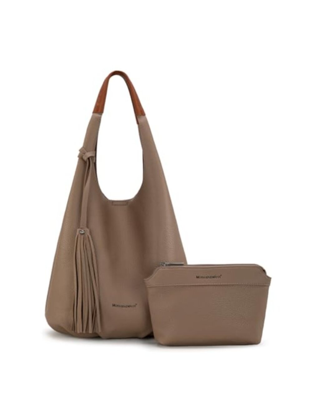 Hobo Shoulder Bag Set with Makeup Pouch Vegan Leather Tassel 2PCS